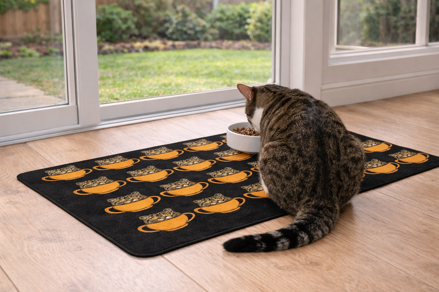 Cat in Orange Bowl Pet Feeding Mat
