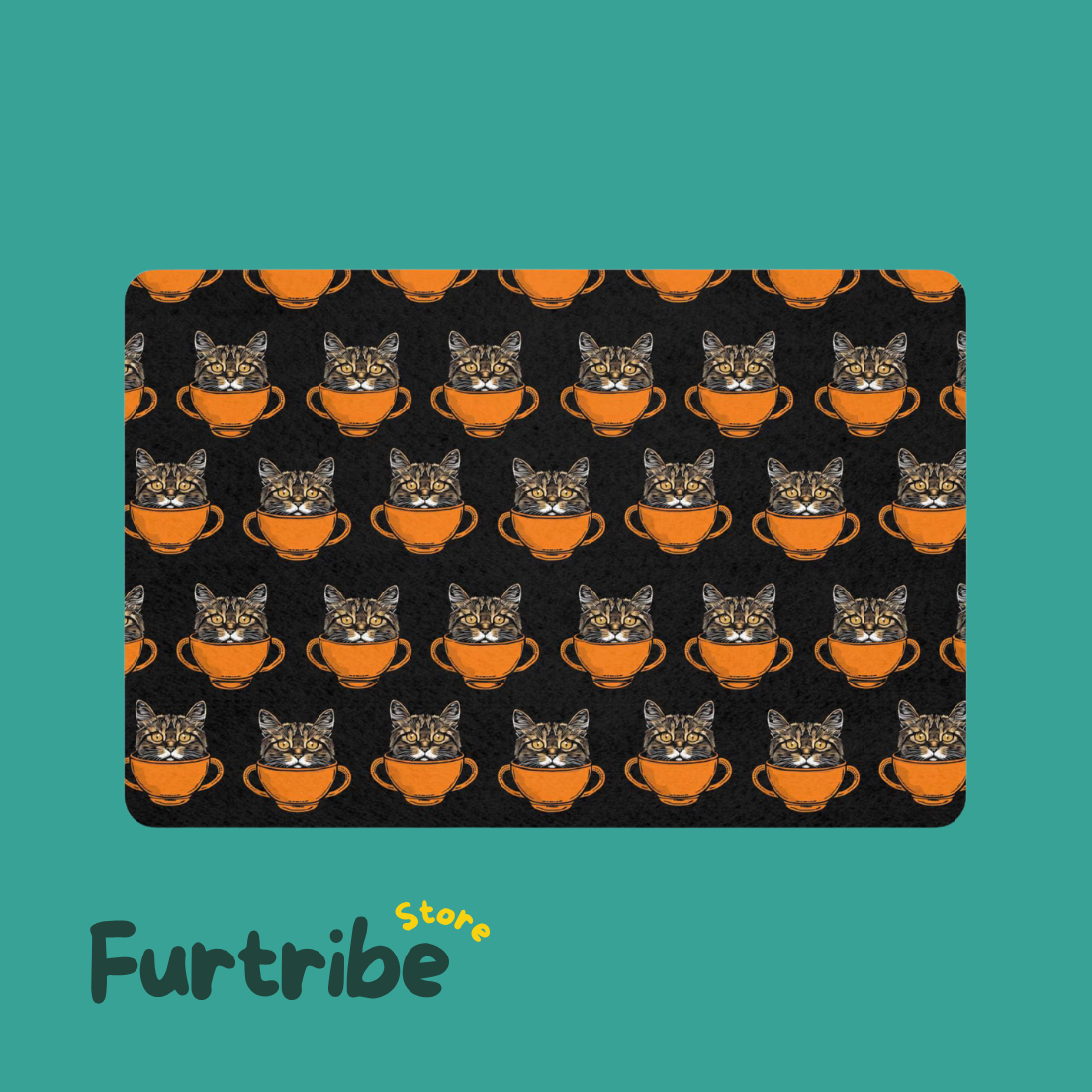 Cat in Orange Bowl Pet Feeding Mat