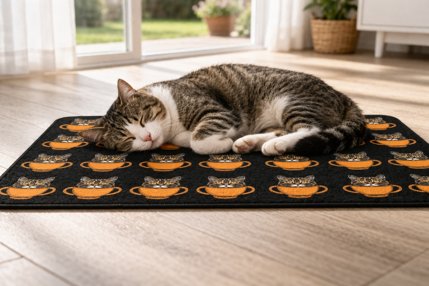 Cat in Orange Bowl Pet Feeding Mat