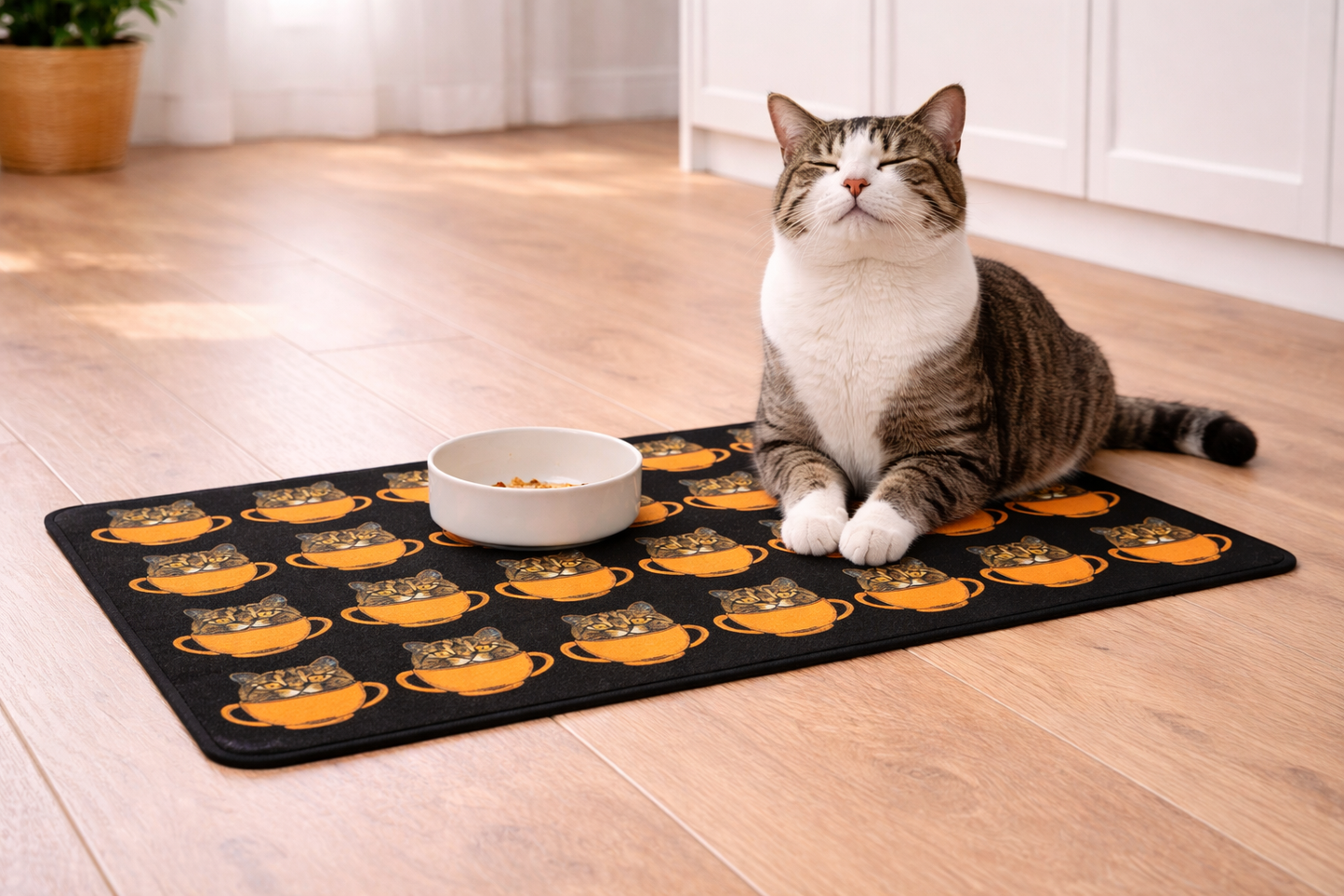 Cat in Orange Bowl Pet Feeding Mat