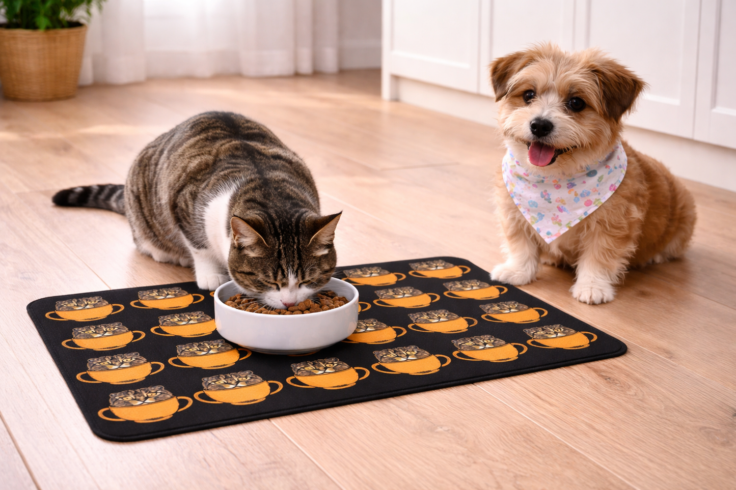 Cat in Orange Bowl Pet Feeding Mat